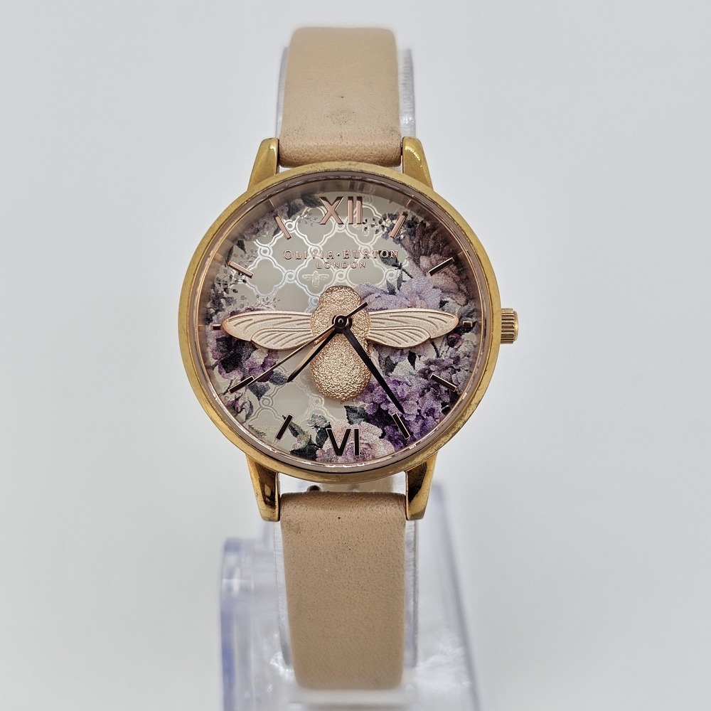 Olivia Burton Women's Bee Watch 30MM Gold Case Cream‎ Leather Bands New Battery